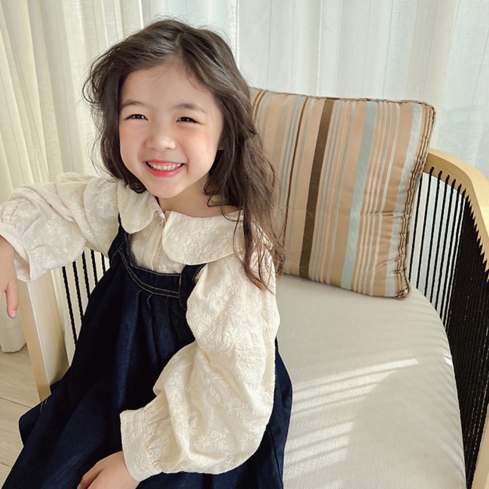 Set Đầm Yếm Denim + Áo Sơ Mi Ren Thời Trang Mùa Thu Phong Cách Hàn Quốc Cho Bé Gái