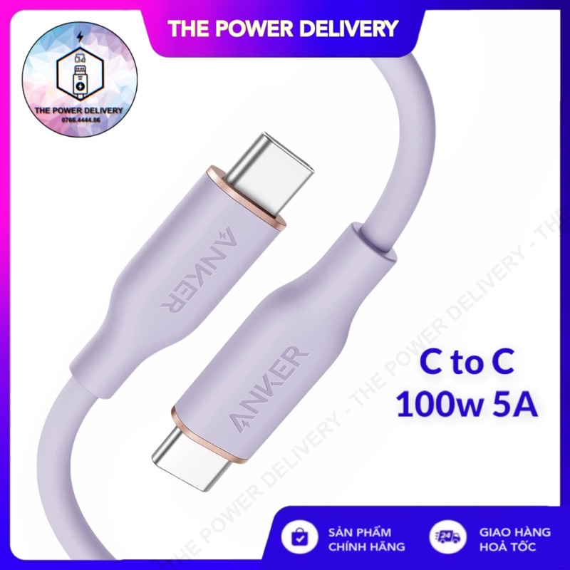 Cáp sạc nhanh ANKER A8552 0.9m, A8553 1m8 PowerLine III Flow C to C 100W 5A Siêu bền, chống bám bẩn