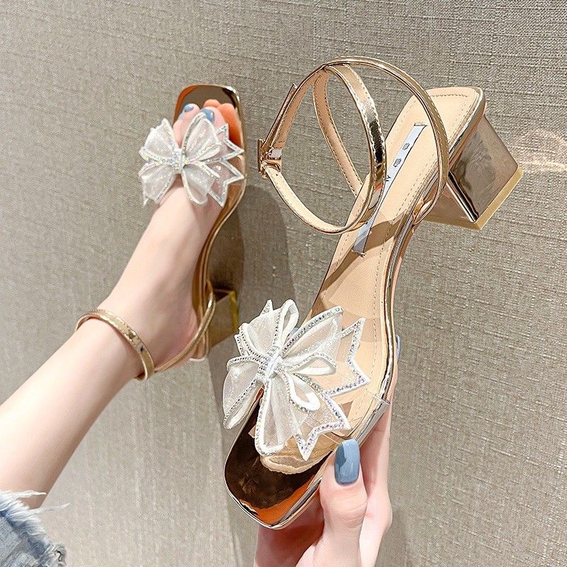 GIÀY SANDAL CAO GÓT ĐẾ VUÔNG 5CM màu đen QUAI ĐÍNH NƠ ĐÁ- MÃ SDAĐ002