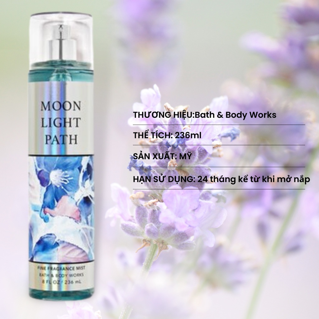 Xịt Thơm Body Mist Bath And Body Works Moon Light Path Khử Mùi Cơ Thể Hương Gỗ Sồi Cỏ Hoa Tươi Mát Chai 200ml