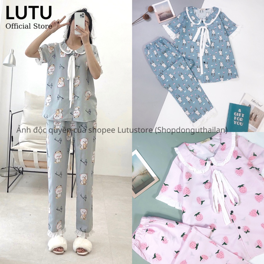 Bộ Ngủ Pijama Phối Nơ Bèo Tay Ngắn Quần Dài Họa Tiết Dễ Thương Thiết Kế Cao Cấp Phong Cách Tiểu Thư | WebRaoVat - webraovat.net.vn