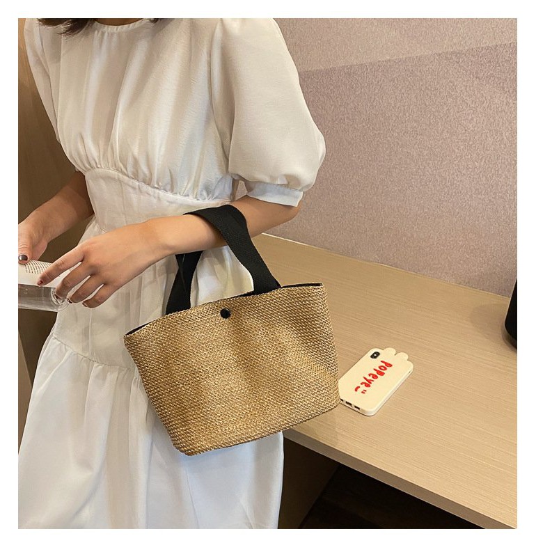 Túi Cói Đi Biển Boho Vintage Đeo Vai, Đeo Chéo Hình Vuông Chữ Nhật Dây Da Màu Trắng Đen