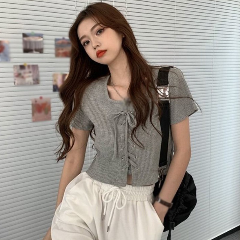 Áo Thun Croptop Dệt Kim Tay Ngắn Màu Sắc Đơn Giản Phong Cách Hàn Quốc Cho Nữ