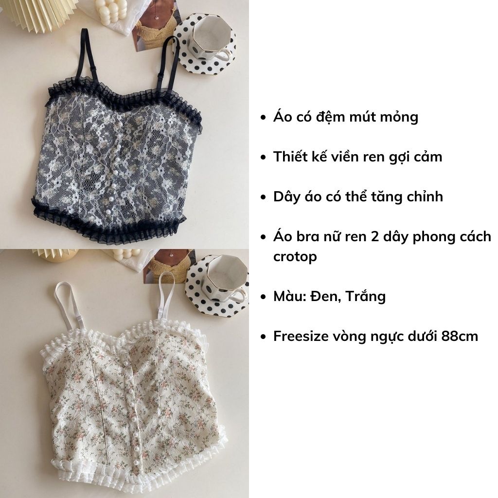 Áo bra nữ ren hoa 2 dây đính khuy gợi cảm đệm mút mỏng phong cách crotop đẹp và quyến rũ DOPICO B3025