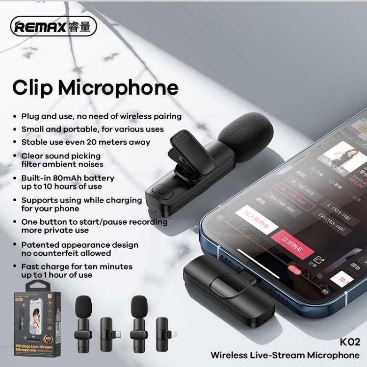 Micro thu âm không dây Remax K02 / K03 cho điện thoại jack cắm TypeC &amp; Lightning hỗ trợ Livestream
