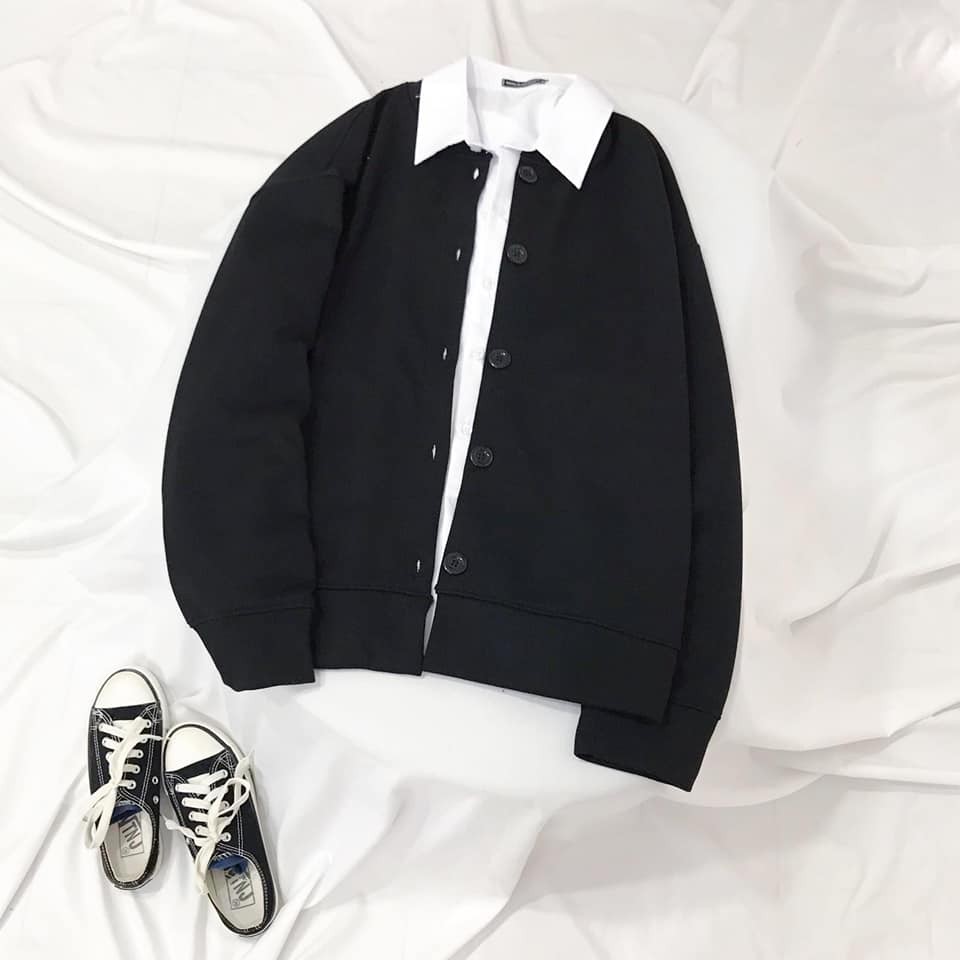 [2 ÁO] Combo set áo khoác cardigan nút tròn + áo sơ mi trắng dài tay unisex