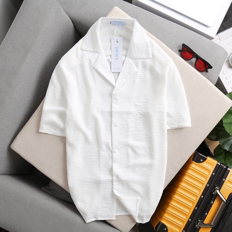 Áo sơ mi nam ngắn tay DEWE, vải đũi trơn thoáng mát, Màu Trắng - DEWE Cuban Basic Shirt