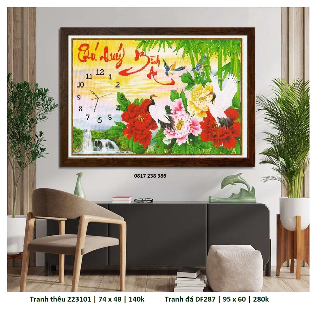 Tranh thêu chữ thập, tranh đính đá đồng hồ phú quý bình an 223101(74 x 48 cm), DF287 (95 x 60 cm)