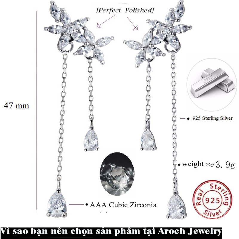 Khuyên tai bạc Ý s925 hoa đá thả dài E8924 - AROCH Jewelry