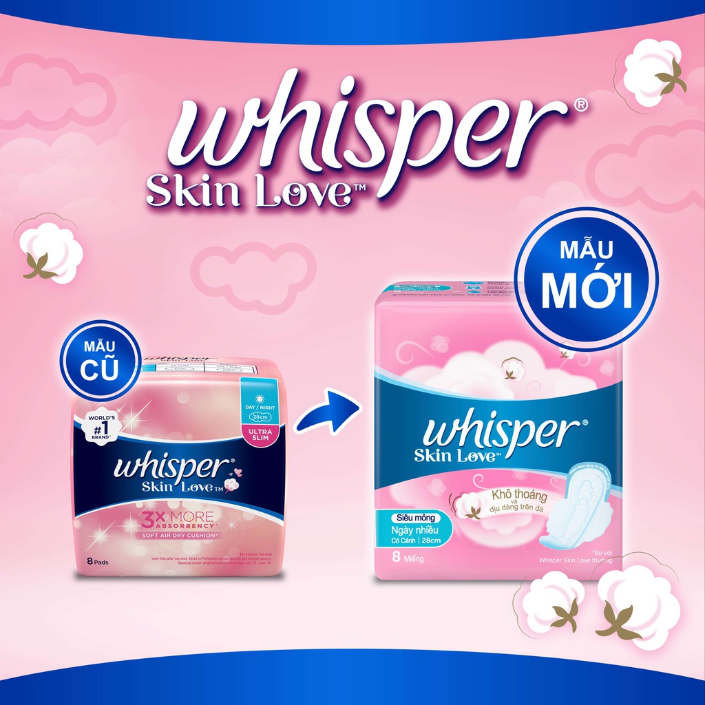 Băng vệ sinh Whisper Skinlove Đêm 28cm - Gói 10 miếng: 60 miếng