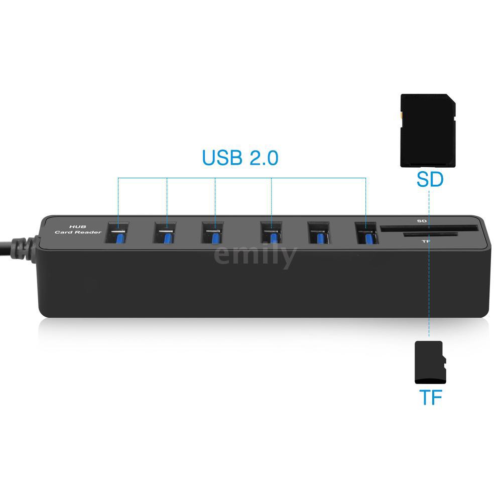 Hub sạc 3/6 cổng USB 2.0 tốc độ cao hỗ trợ thẻ SD TF mini 2 trong 1