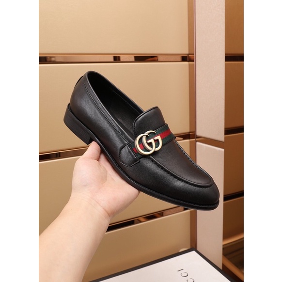 Giày tây lười công sở cho nam logo thương hiệu Gucci GG/GC da thật cao cấp màu đen trơn lịch lãm