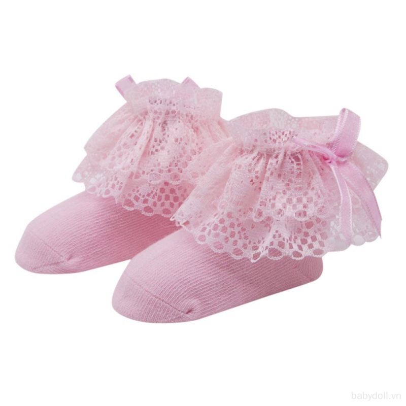 Vớ Cotton Mềm Mại Phối Ren Nhún Bèo Màu Trơn Dành Cho Bé Gái