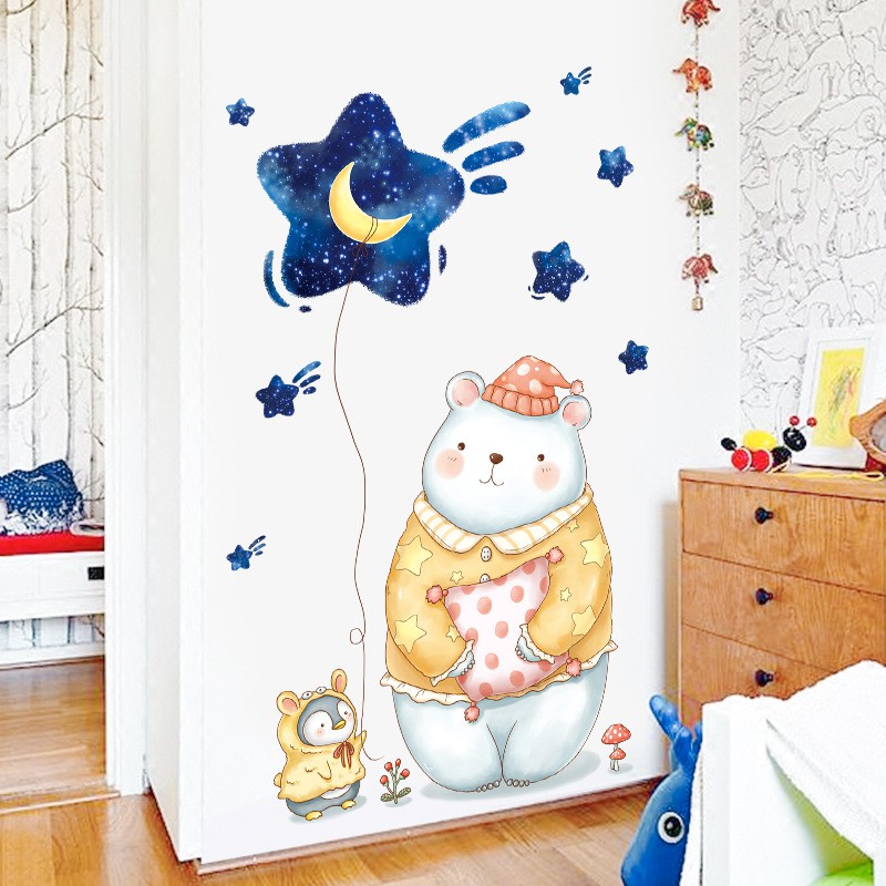 Decal trang trí dán tủ, dán tường, dán cửa phòng bé hình GẤU VÀ CHIM CÁNH CỤT kích thước 108x70cm