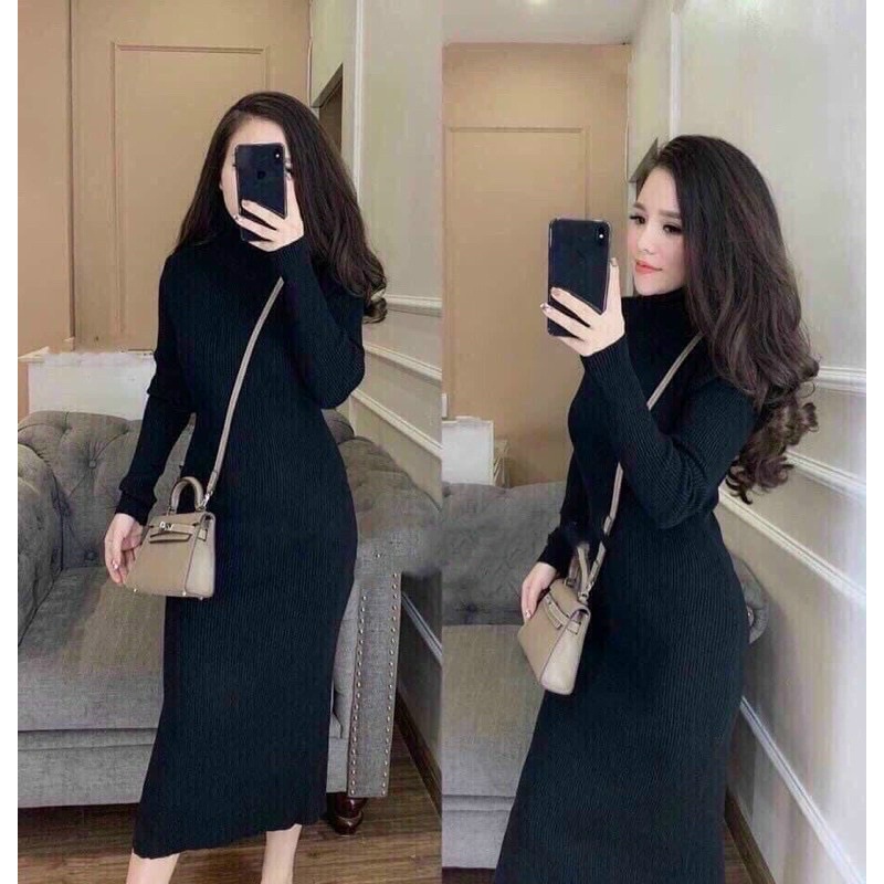 Đầm len body tăm cổ lọ