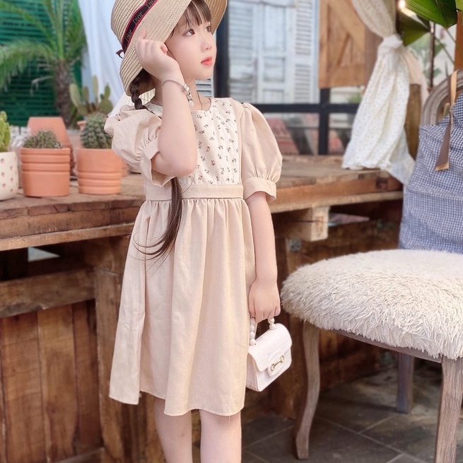 Váy Trẻ Em lửng tay thu đông Vintage Chất liệu Linen cực Sang chảnh váy hoa nhí cho bé 8-32kg