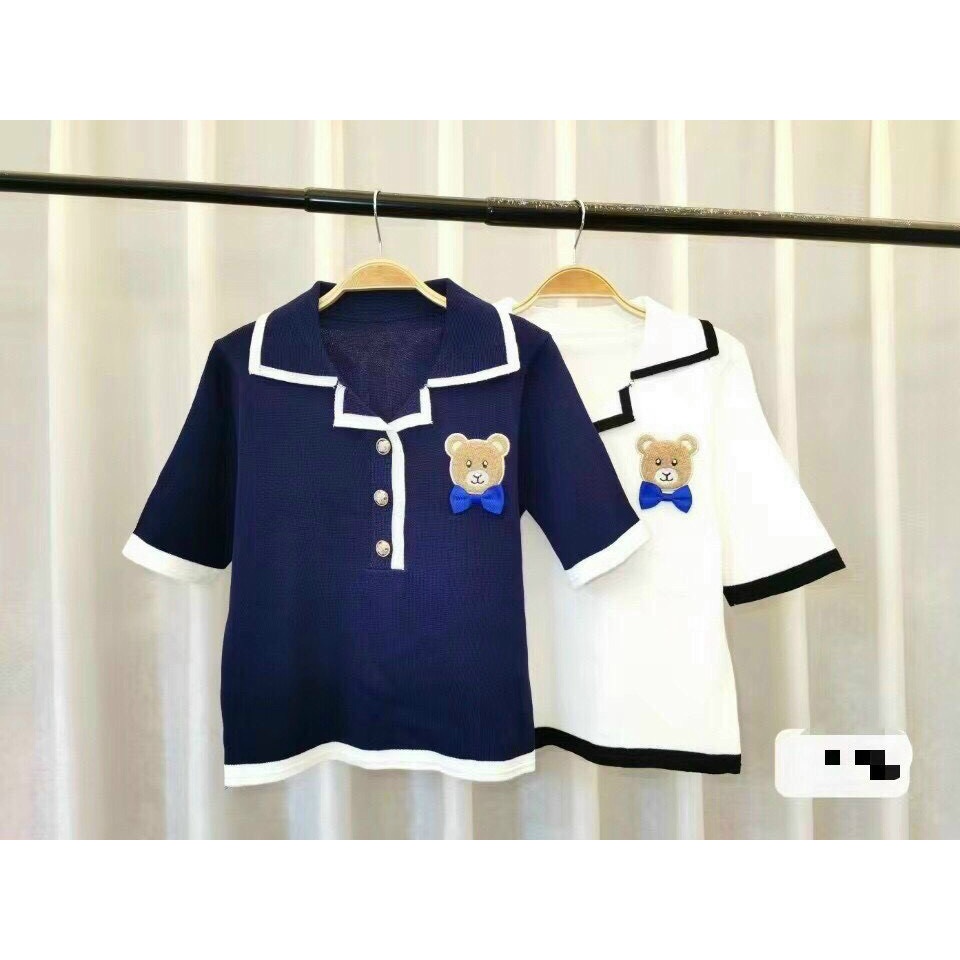 [L2M] Áo len nữ Montoghi dệt kim Quảng Châu cổ bẻ thêu hình GẤU nổi đính kèm NƠ xinh xắn thanh lịch và dễ thương