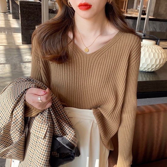 Áo len ZHELIHANGFEI tay dài cổ chữ V dễ phối đồ tùy chọn màu sắc
