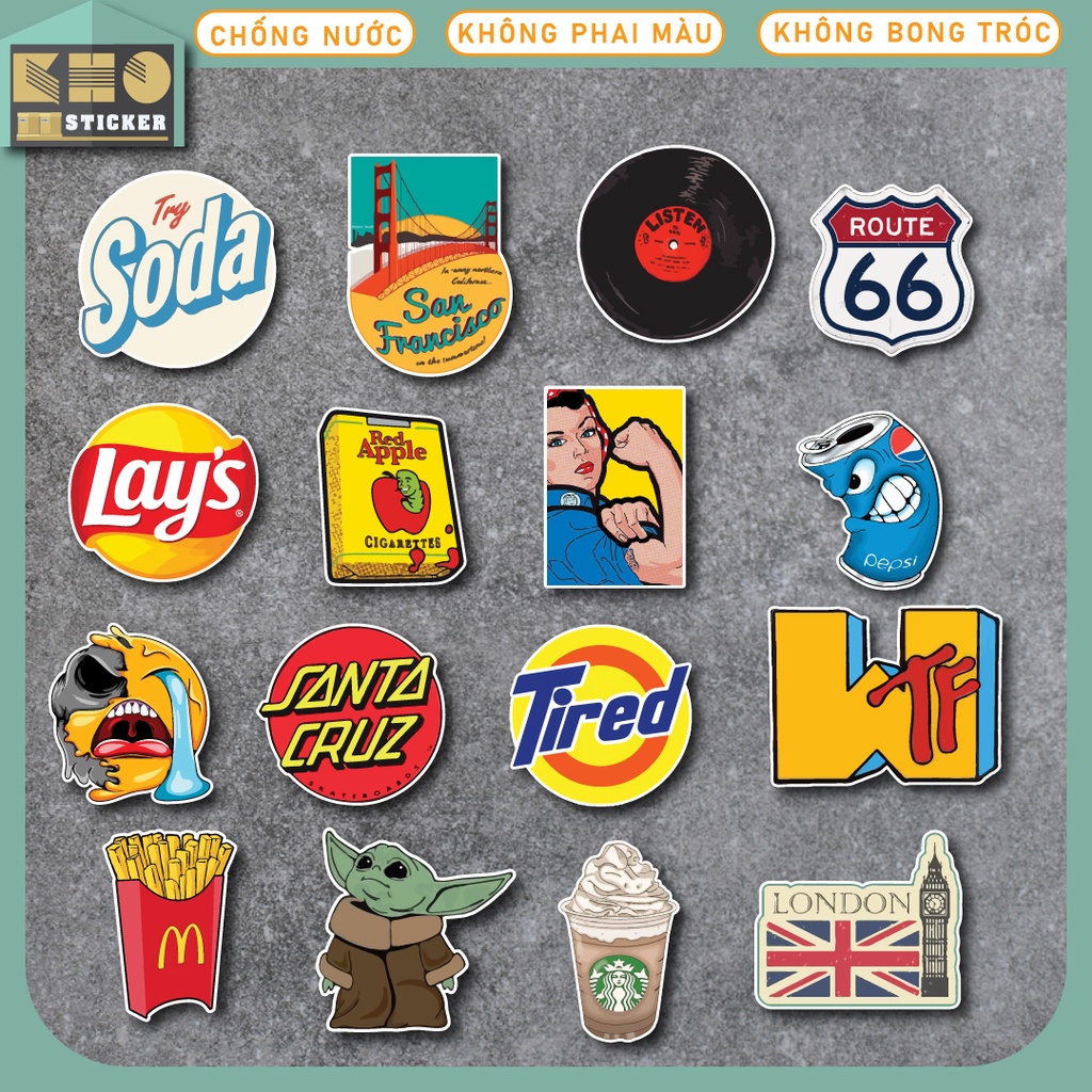 Combo 50 Sticker Vintage Style chống nước sticker dán laptop, điện thoại, đàn guitar, mũ bảo hiểm, vali. MSP: ST89