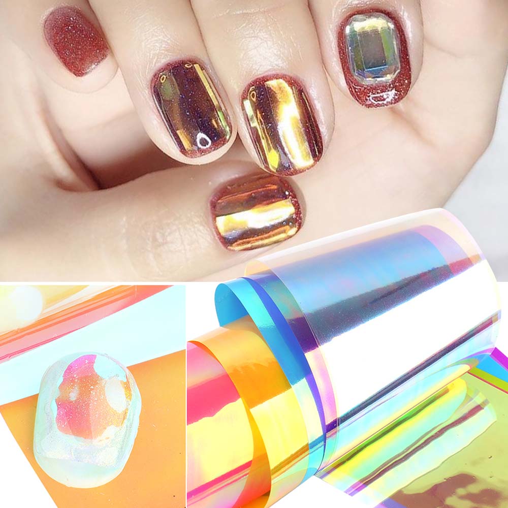 Miếng Dán Trang Trí Móng Tay Nghệ Thuật Chuyển Đổi Lá Kính Laser Lấp Lánh DIY 8 Màu Sắc