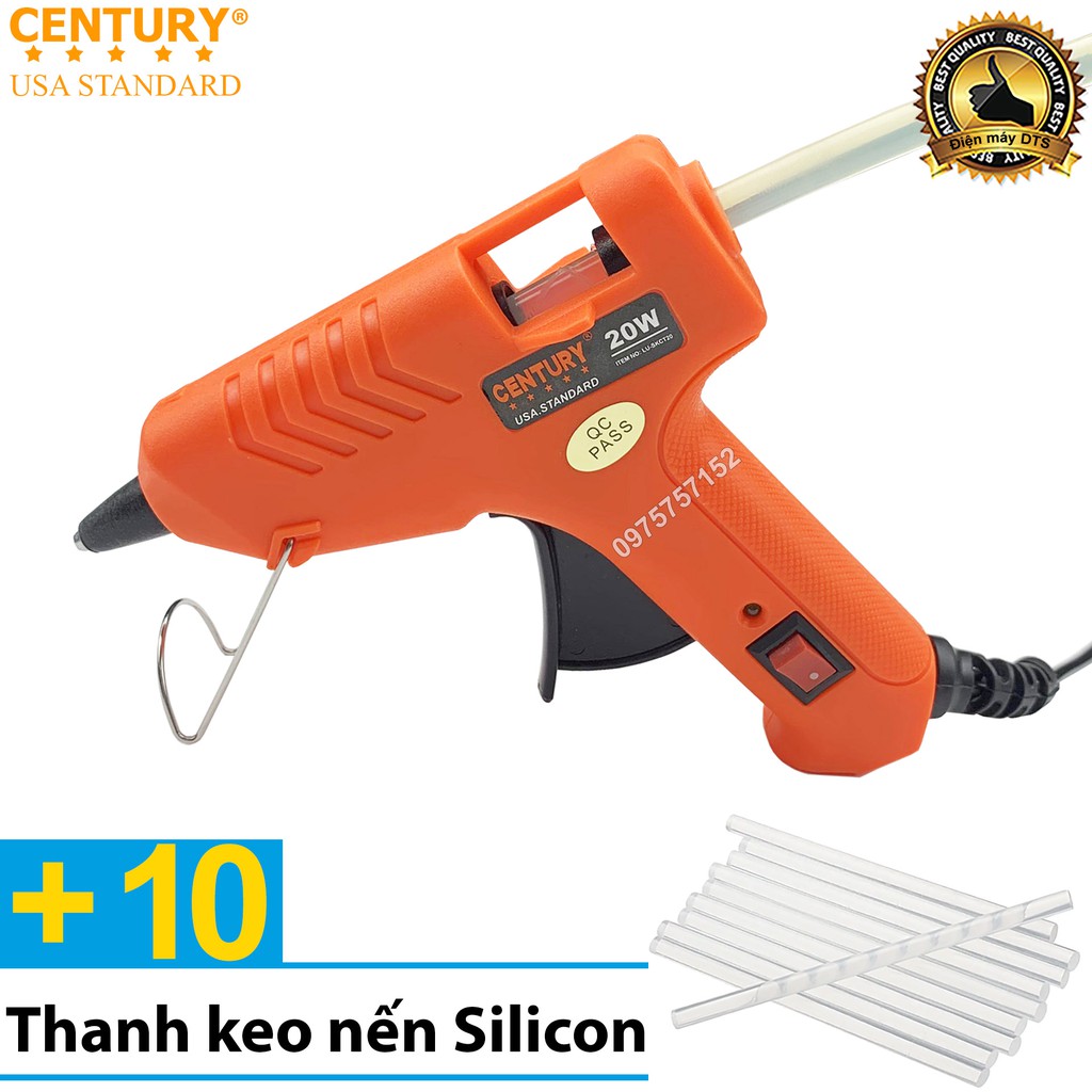 Combo súng bắn keo nến silicon CENTURY USA STANDARD 20w chuẩn Mỹ  nóng nhanh, keo ra đều &amp; liên tục + 10 cây keo silicon