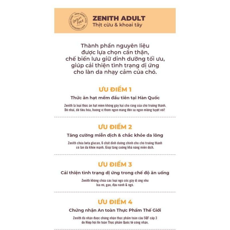 3kgTHỨC ĂN HẠT MỀM CHÓ TRƯỞNG THÀNH ZENITH ADULT Dành cho mọi giống chó trên 1 tuổi Giúp xương khớp chắc khoẻ,