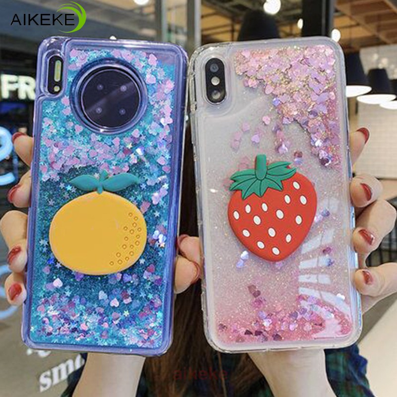 Glitter Quicksand Case For Samsung Galaxy Note 10 Lite 9 A9 A8 A7 A6 Plus 2018 A5 A3 8 2017 2016 5 Case Shining Orange Strawberry Fashion Dynamic Liquid Glitter Phone Cover