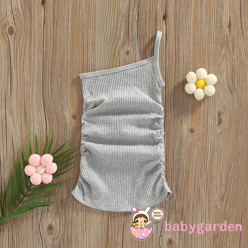 BABYGARDEN-1-6years Baby Girls Casual Dress Solid Color Ribbed Sleeveless Sling One Shoulder Summer Beach Dress