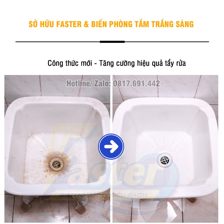 (TIẾT KIỆM 20K) Combo Nước Tẩy Inox Nhà Tắm Rỉ Sét, Tẩy Cặn Canxi Inox &amp; Tẩy Trắng Bồn Sứ, Tẩy Trắng Gạch Faster 500ml