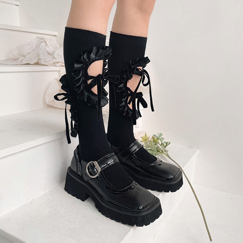 Xiangbao Vớ Dài Tới Bắp Chân Có Gân Khoét Rỗng Phối Nơ Phong Cách Harajuku Lolita Nhật Bản Cho Nữ Sinh
