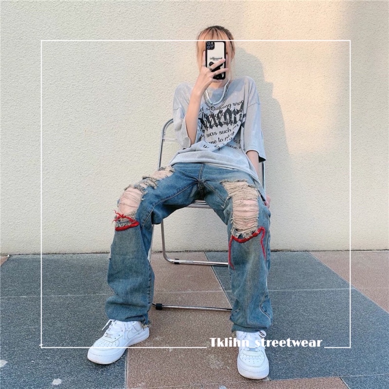 TKLIHN Quần Jeans Ulzzang ống rộng rách phong cách HIP HOP hot FASHIONITA 2021 cá tính