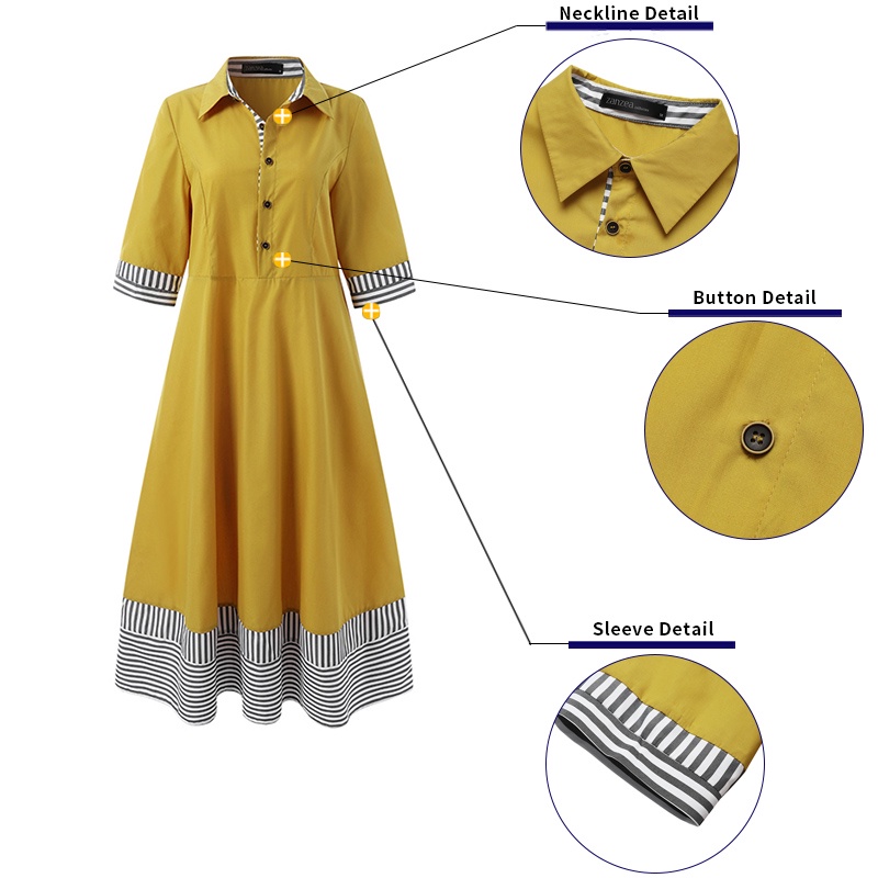 Đầm maxi ZANZEA tay lửng kẻ sọc cổ bẻ dáng rộng thời trang cho nữ