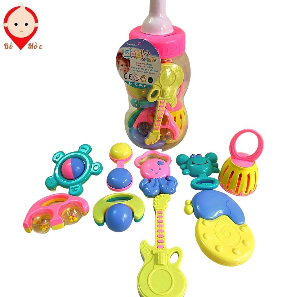 Đồ Chơi Xúc Xắc Lục Lạc - Bình Sữa Baby Toys 9 Món Cao Cấp Cho Bé Yêu - Shop Bố Mốc