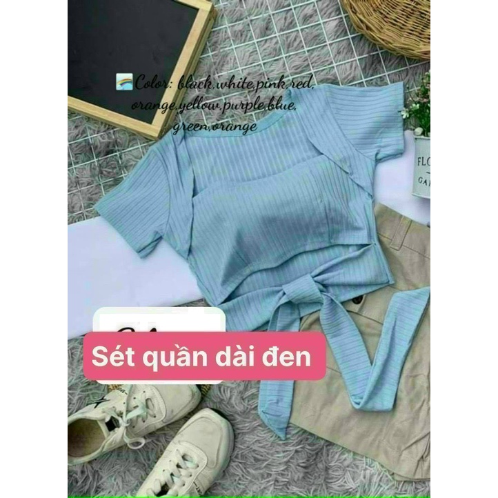 Sét bộ áo croptop cổ vuông có mút cột dây eo phối quần ống rộng hot hit