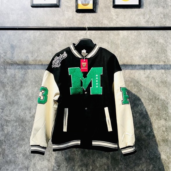 Áo Varsity Jacket chất nỉ bông dày, Áo Bomber nam tay da thêu chữ M dày dặn chất