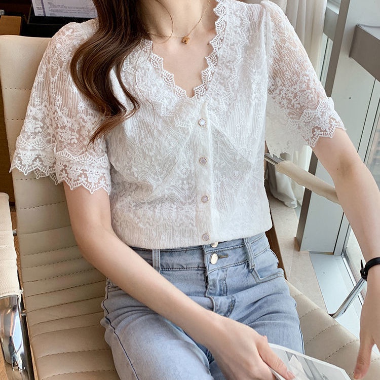 Áo Sơ Mi chiffon Ngắn Tay Phối Ren Cổ Chữ V Thiết Kế Mới Thời Trang Mùa Hè Cho Nữ