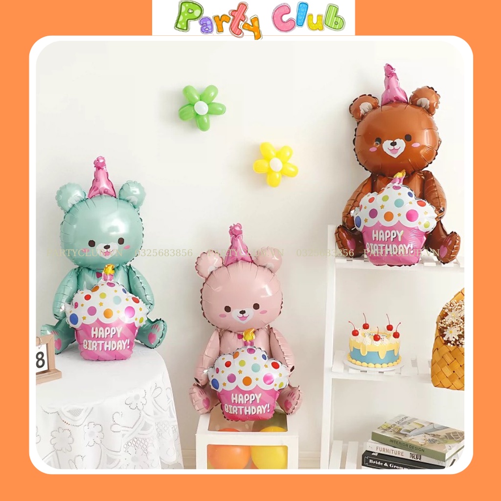 Bóng gấu ôm bánh kem trang trí sinh nhật