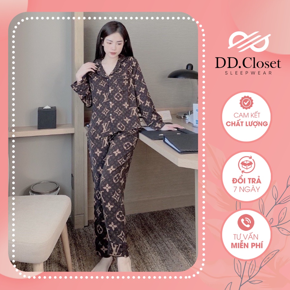 Bộ đồ ngủ pijama nữ dài tay quần dài chất lụa Kate Thái mềm mịn màu nâu họa tiết LV trẻ trung - CD0077