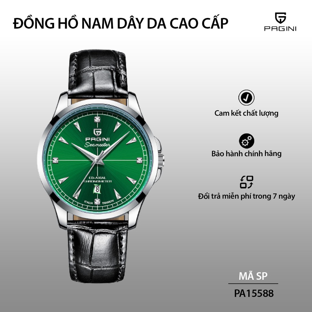 Đồng Hồ Nam PAGINI PA15588 Mặt Xanh Dây Da Cao Cấp Mặt Kính Chống Xước, Chống Nước Tặng Kèm Pin - BH Hãng 12 Tháng