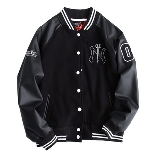 Áo khoác bomber mlb ny varsity tay da màu đen unisex nam nữ - statesman
