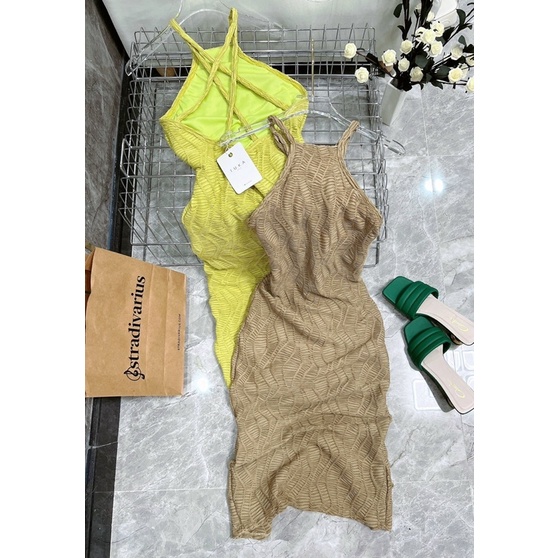 SẴN | ĐẦM CỔ YẾM ÔM BODY CHÉO LƯNG CHẤT GÂN LƯỚI 2 lớp Ulzzang