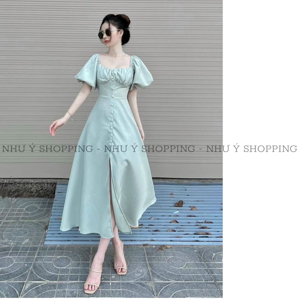 Đầm tay phồng đóng nút xẻ tà thanh lịch trẻ trung 3 màu free size dưới 55kg