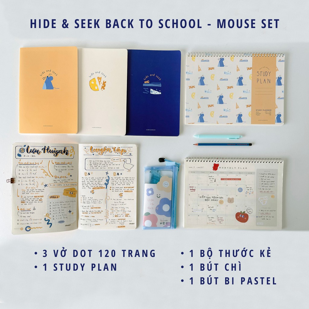 Set vở dot, planner, thước, bút Hide &amp; Seek - Mouse chuột