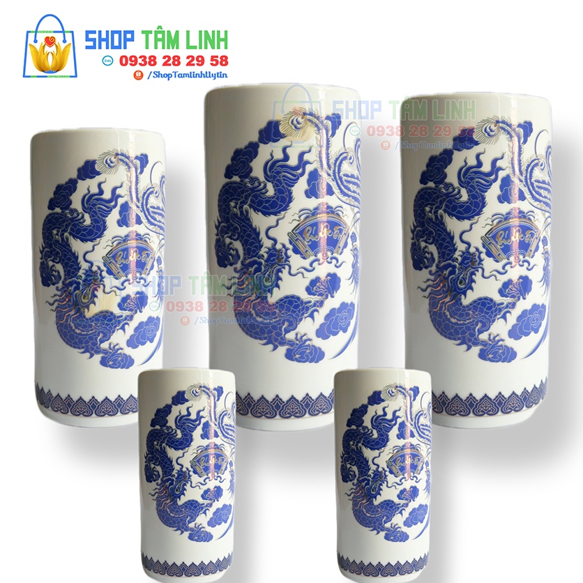 Ống cắm /đựng hương đồ thờ cúng Bát Tràng vẽ Phúc Lộc Tho màu xanh kim shoptamlinh