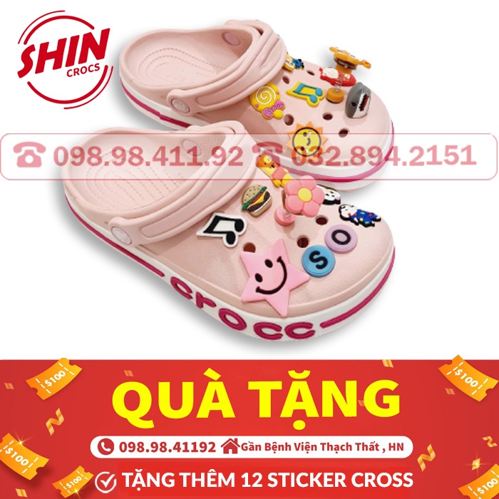 dép crossFREESHIPdép cross đế bánh mì họa tiết hồng sọc chữ SHINHANU8221 tặng thêm 12 sticker cross