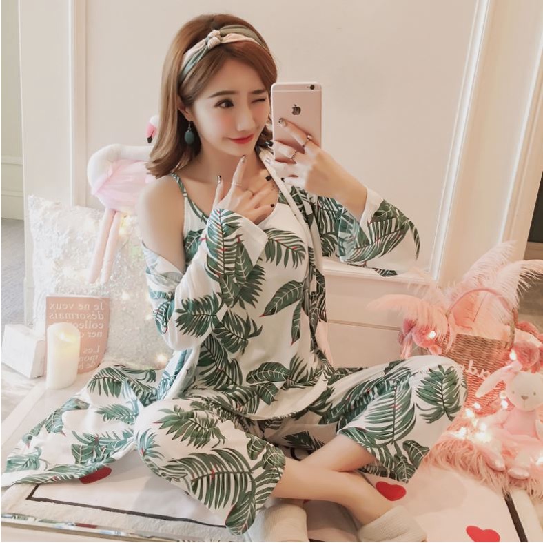 Bộ đồ ngủ Cotton Có đệm ngực * Set Bộ áo hai dây kèm Choàng *IVY046