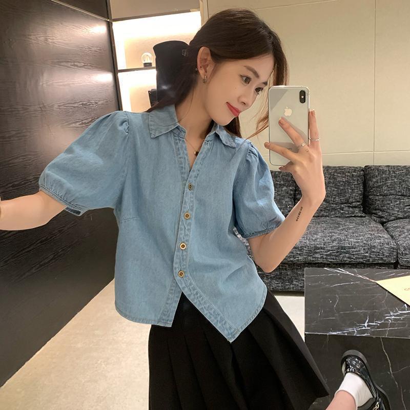 Áo Sơ Mi Denim Tay Ngắn Phong Cách Hong Kong Cổ Điển Thiết Kế Mới Cho Nữ