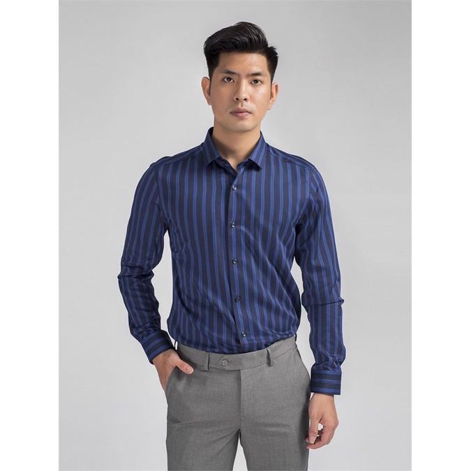 Áo sơ mi nam dài tay Aristino họa tiết sọc tinh tế  sợi sồi tà lượn rom slim  ALS16708