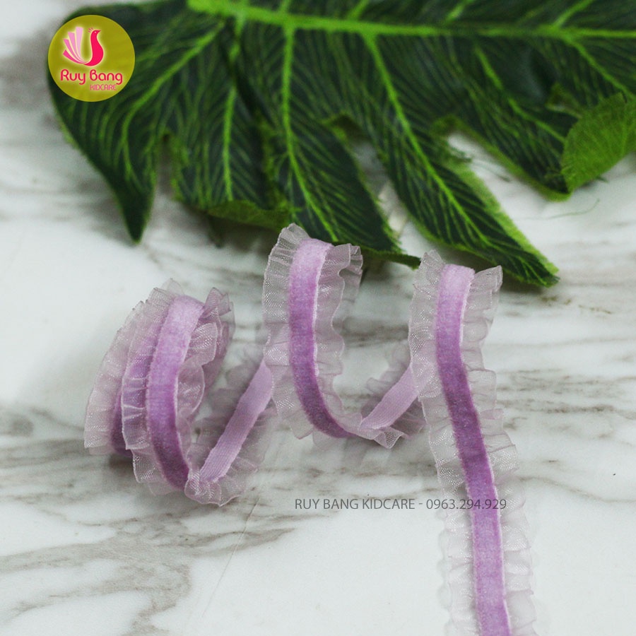 Ruy băng nhún nhung viền bèo dùng làm băng đô, nơ kẹp tóc