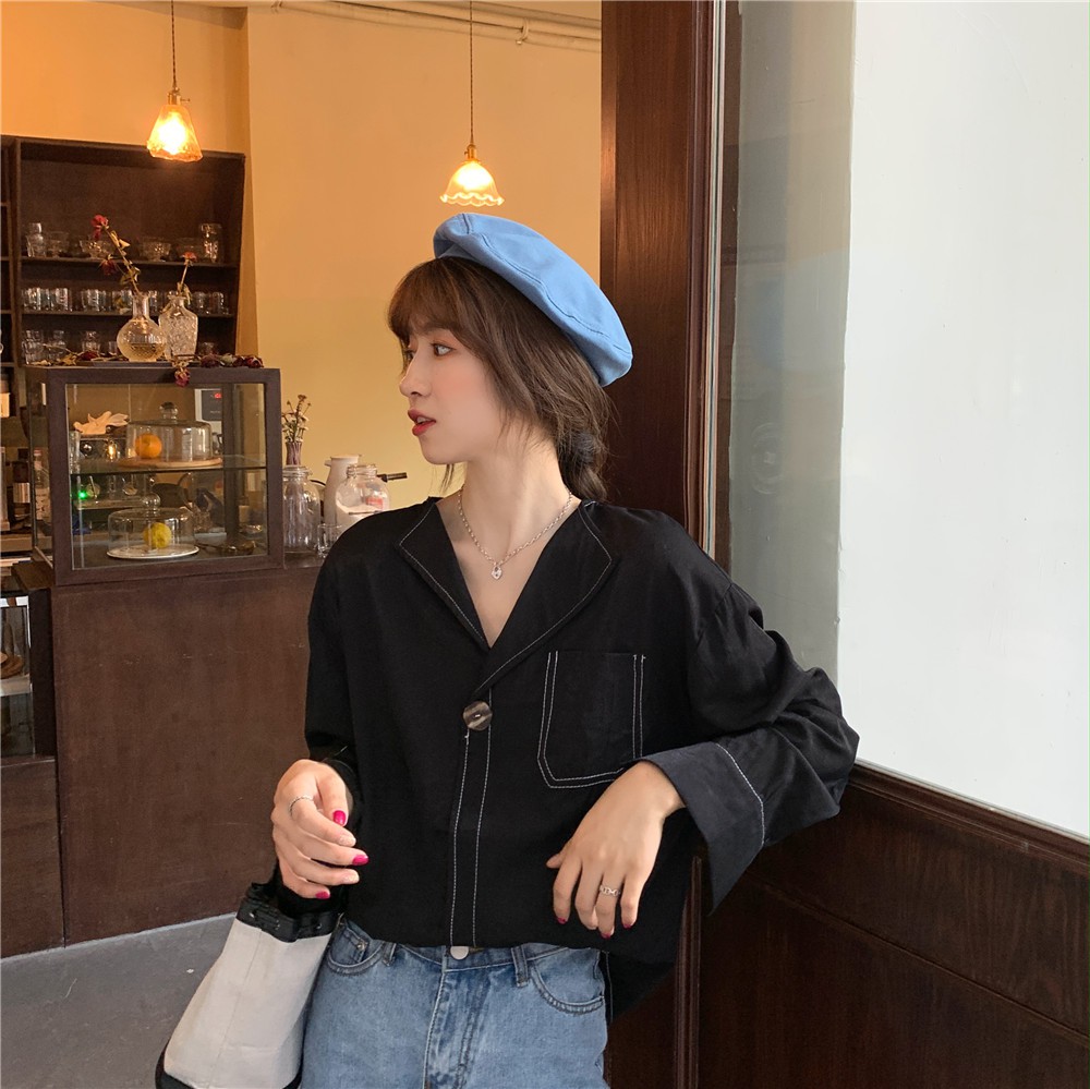 Áo sơ mi tay dài dáng rộng cổ chữ V thời trang phong cách Hàn Quốc cho nữ